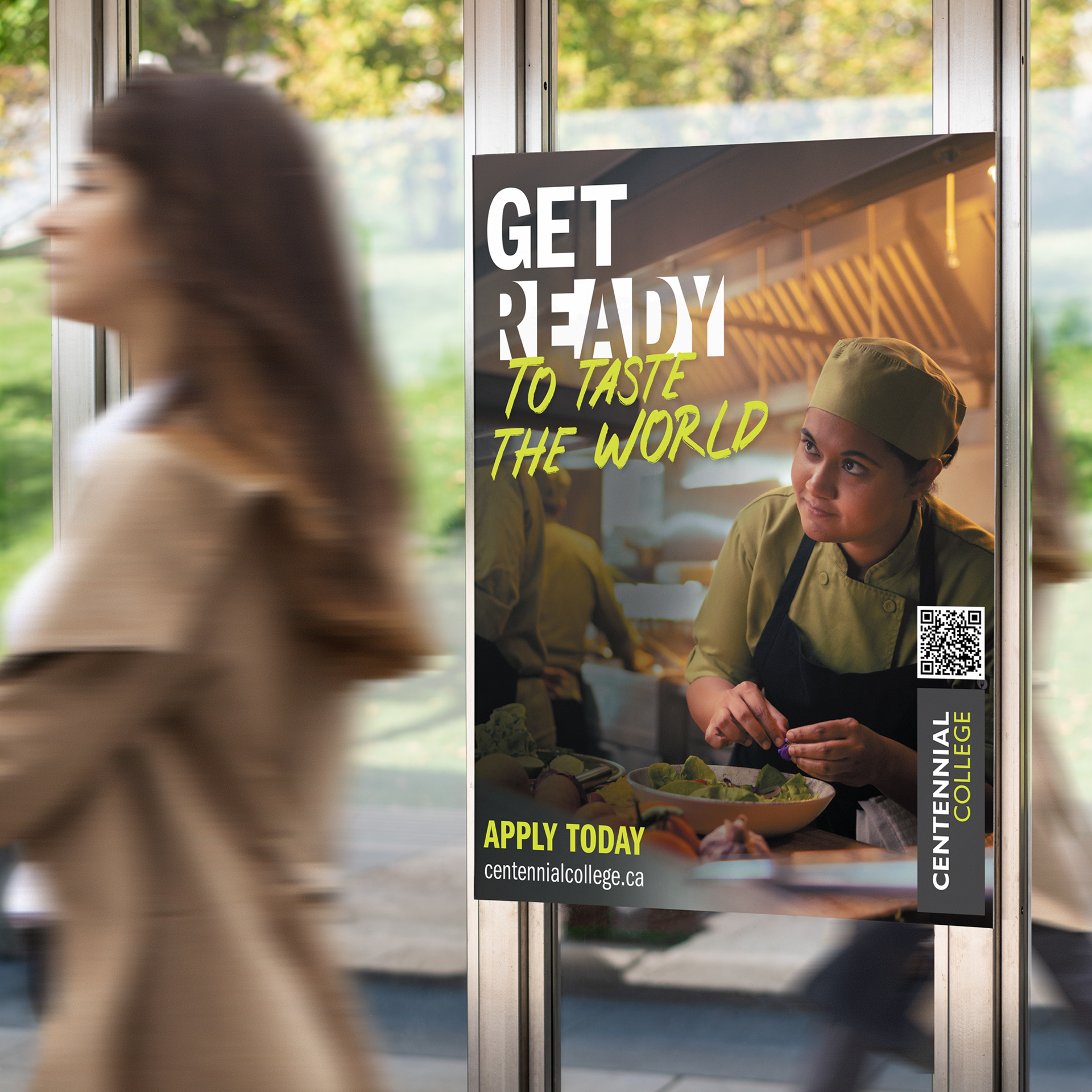 Poster in a transit shelter to incite to get ready to spark change